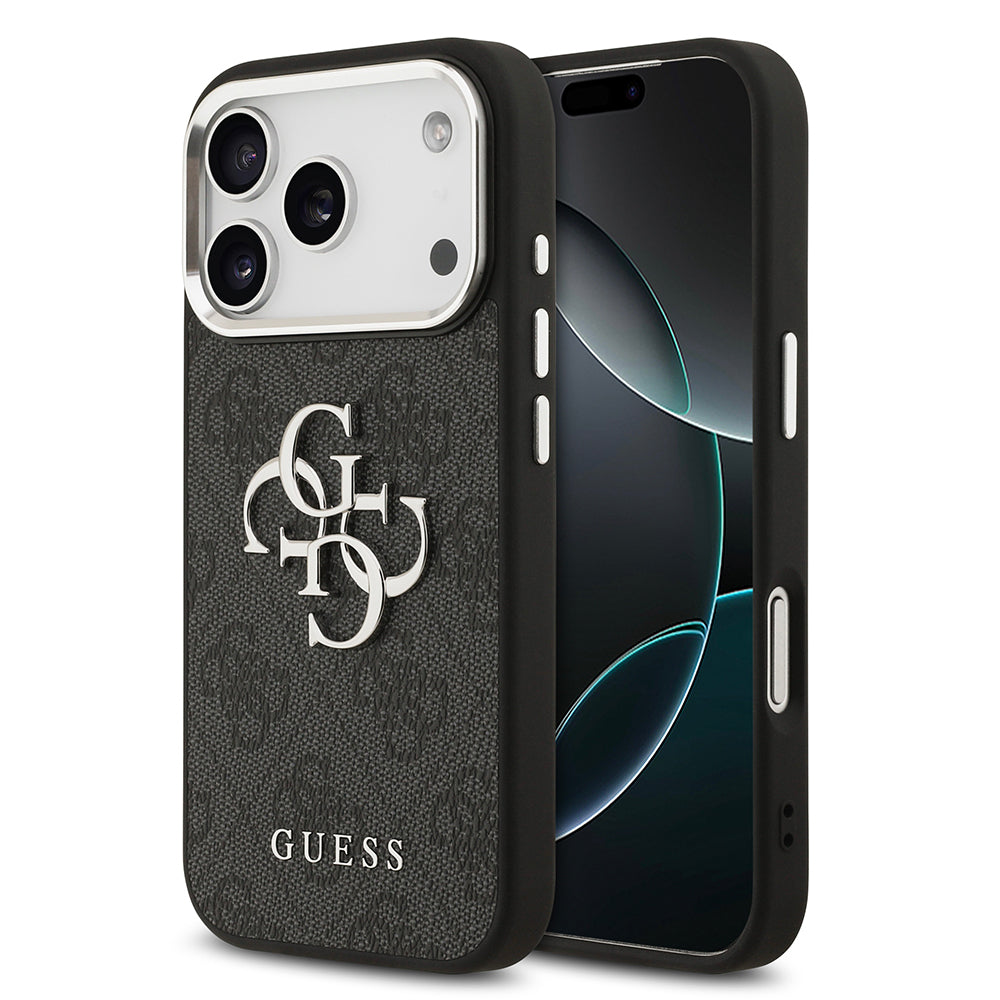 iPhone 17 Pro Kılıf Guess Orijinal Lisanslı Gümüş Metal Kamera Çerçeveli 4G Desenli Metal Büyük 4G ve Yazı Logolu Kılıf