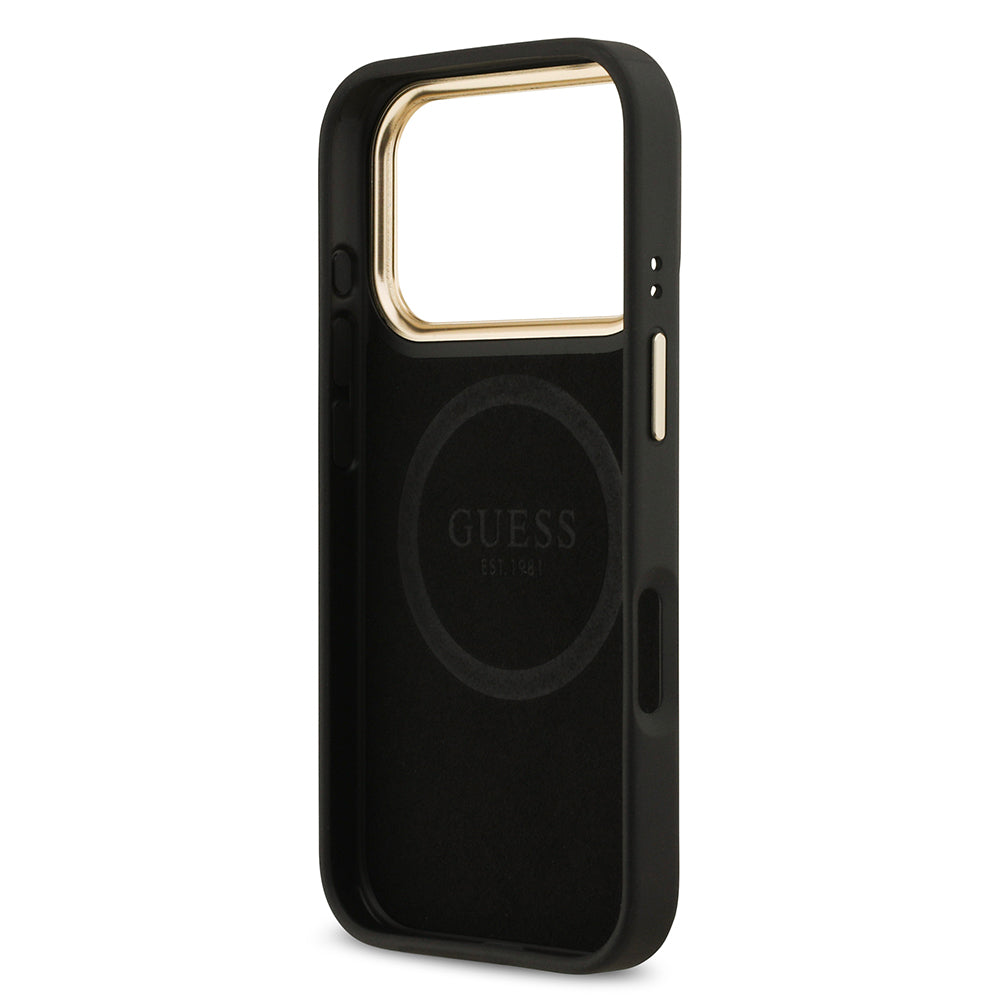 iPhone 17 Pro Kılıf Guess Orijinal Lisanslı M-safe Şarj Özellikli 4G Desenli PU Metal Plaka Klasik Logolu Kılıf