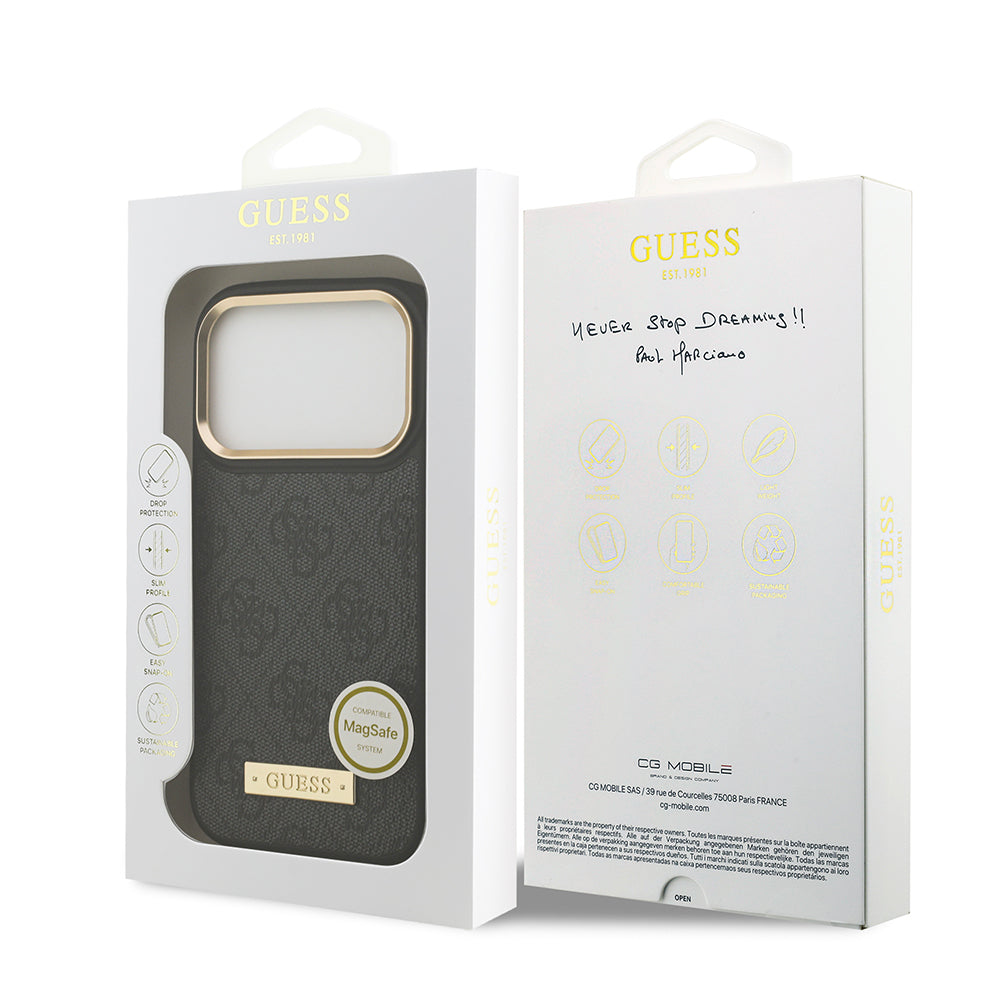 iPhone 17 Pro Kılıf Guess Orijinal Lisanslı M-safe Şarj Özellikli 4G Desenli PU Metal Plaka Klasik Logolu Kılıf