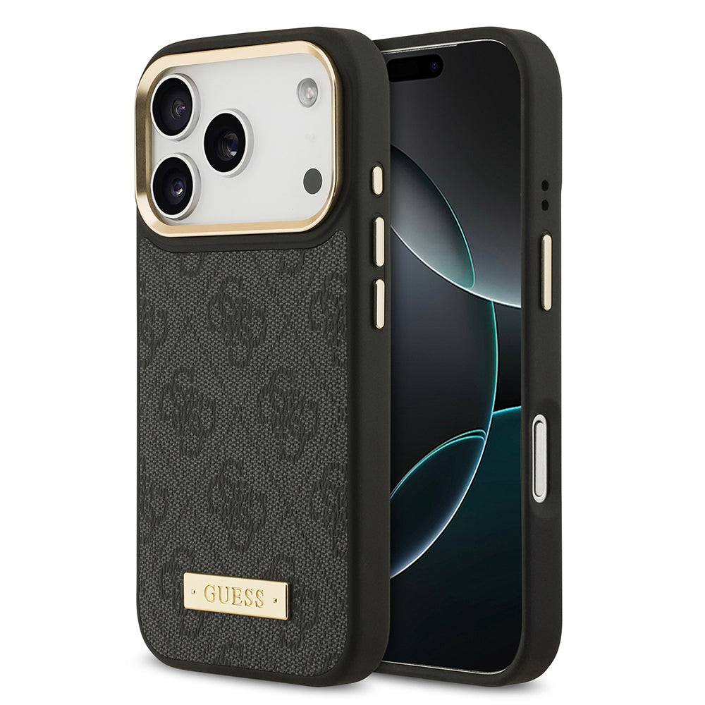 iPhone 17 Pro Kılıf Guess Orijinal Lisanslı M-safe Şarj Özellikli 4G Desenli PU Metal Plaka Klasik Logolu Kılıf