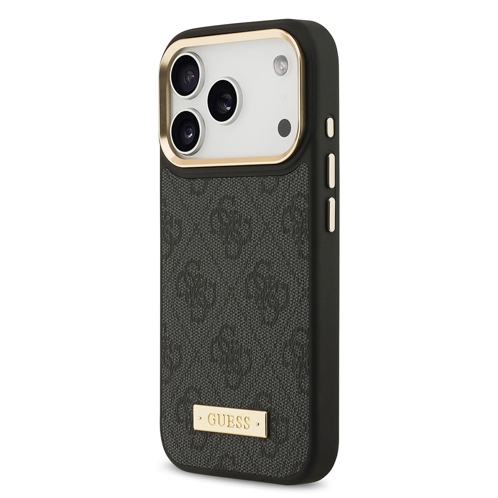 iPhone 17 Pro Kılıf Guess Orijinal Lisanslı M-safe Şarj Özellikli 4G Desenli PU Metal Plaka Klasik Logolu Kılıf