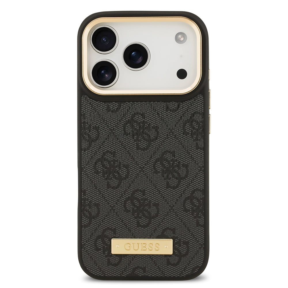 iPhone 17 Pro Kılıf Guess Orijinal Lisanslı M-safe Şarj Özellikli 4G Desenli PU Metal Plaka Klasik Logolu Kılıf