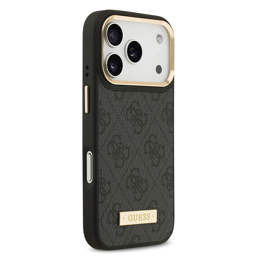 iPhone 17 Pro Kılıf Guess Orijinal Lisanslı M-safe Şarj Özellikli 4G Desenli PU Metal Plaka Klasik Logolu Kılıf