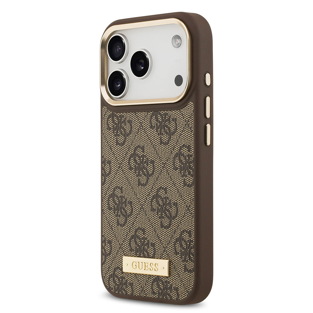 iPhone 17 Pro Kılıf Guess Orijinal Lisanslı M-safe Şarj Özellikli 4G Desenli PU Metal Plaka Klasik Logolu Kılıf