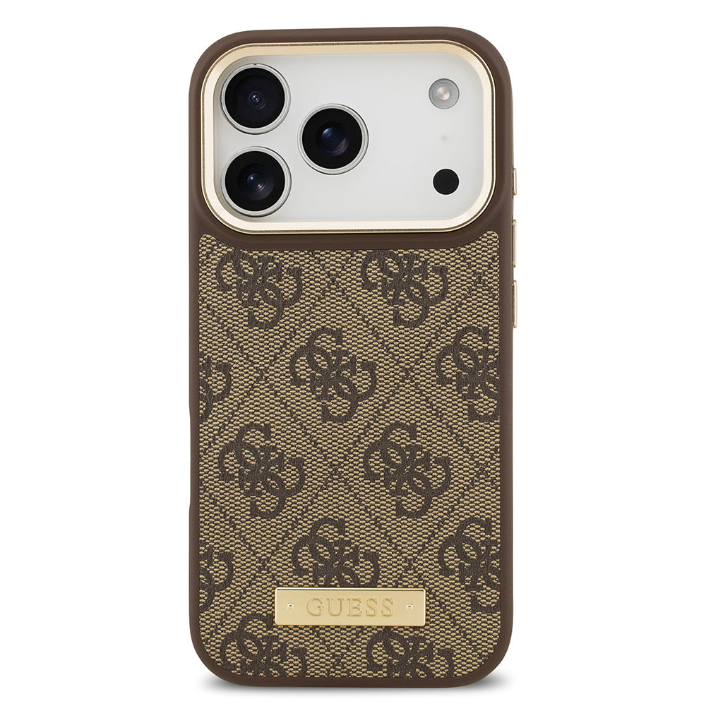 iPhone 17 Pro Kılıf Guess Orijinal Lisanslı M-safe Şarj Özellikli 4G Desenli PU Metal Plaka Klasik Logolu Kılıf