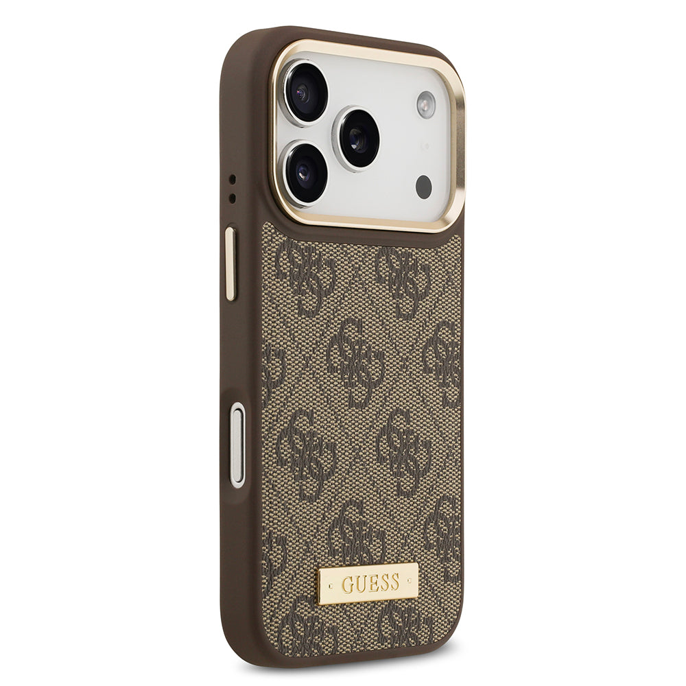 iPhone 17 Pro Kılıf Guess Orijinal Lisanslı M-safe Şarj Özellikli 4G Desenli PU Metal Plaka Klasik Logolu Kılıf