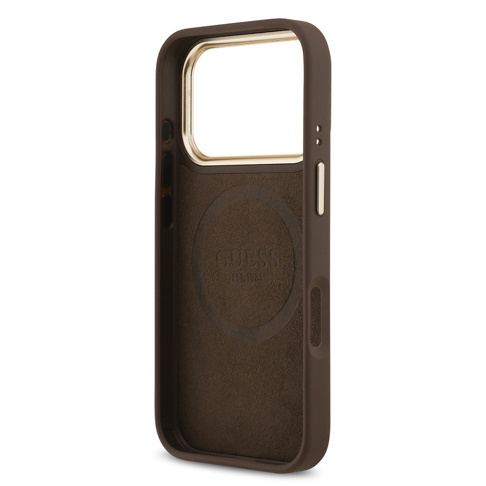 iPhone 17 Pro Kılıf Guess Orijinal Lisanslı M-safe Şarj Özellikli 4G Desenli PU Metal Plaka Klasik Logolu Kılıf