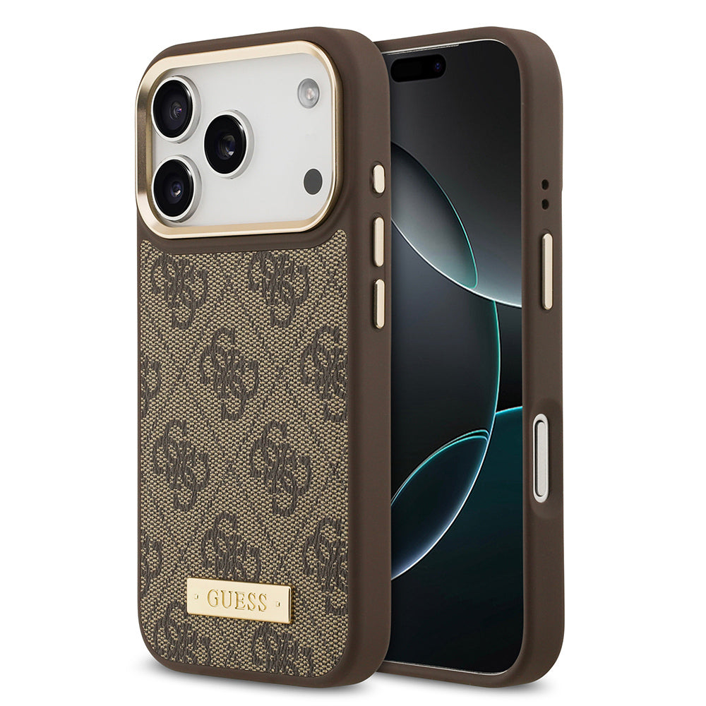 iPhone 17 Pro Kılıf Guess Orijinal Lisanslı M-safe Şarj Özellikli 4G Desenli PU Metal Plaka Klasik Logolu Kılıf