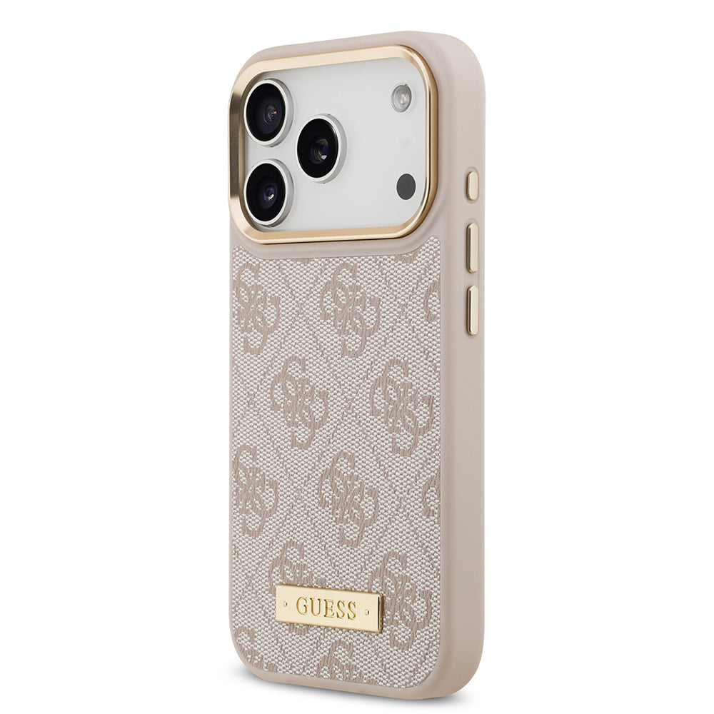 iPhone 17 Pro Kılıf Guess Orijinal Lisanslı M-safe Şarj Özellikli 4G Desenli PU Metal Plaka Klasik Logolu Kılıf
