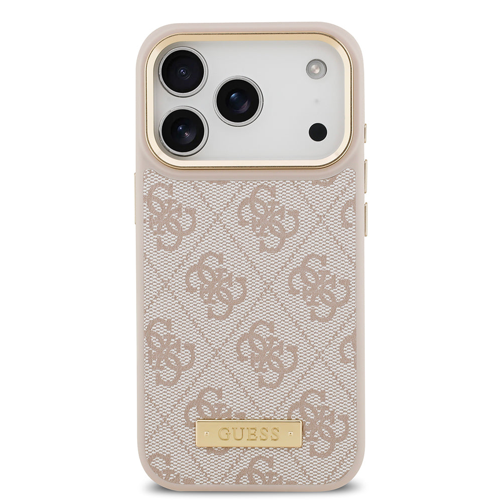 iPhone 17 Pro Kılıf Guess Orijinal Lisanslı M-safe Şarj Özellikli 4G Desenli PU Metal Plaka Klasik Logolu Kılıf