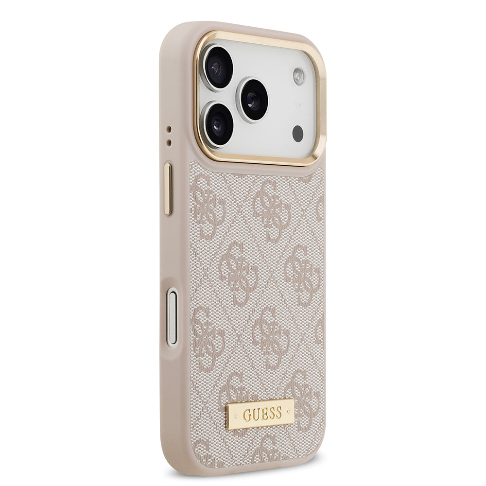 iPhone 17 Pro Kılıf Guess Orijinal Lisanslı M-safe Şarj Özellikli 4G Desenli PU Metal Plaka Klasik Logolu Kılıf
