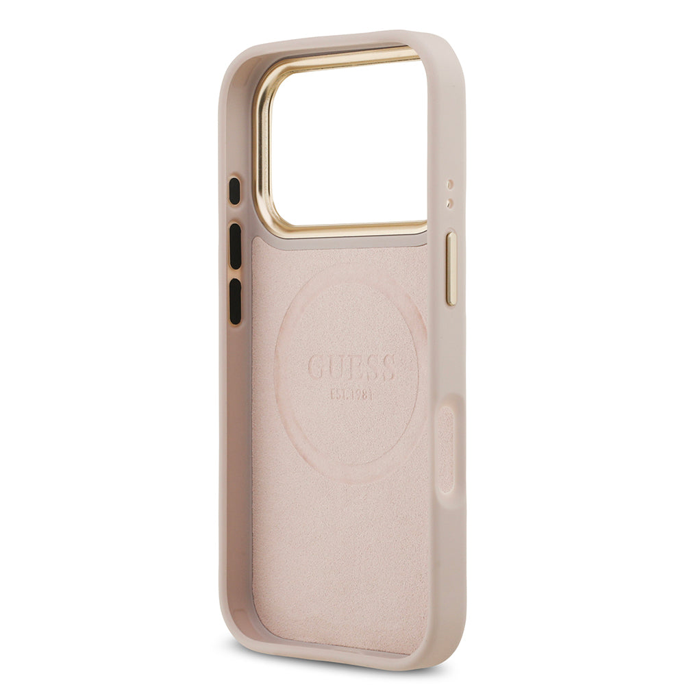 iPhone 17 Pro Kılıf Guess Orijinal Lisanslı M-safe Şarj Özellikli 4G Desenli PU Metal Plaka Klasik Logolu Kılıf