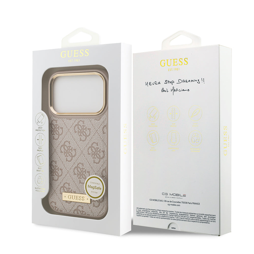 iPhone 17 Pro Kılıf Guess Orijinal Lisanslı M-safe Şarj Özellikli 4G Desenli PU Metal Plaka Klasik Logolu Kılıf