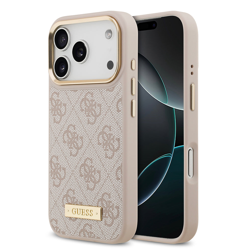 iPhone 17 Pro Kılıf Guess Orijinal Lisanslı M-safe Şarj Özellikli 4G Desenli PU Metal Plaka Klasik Logolu Kılıf