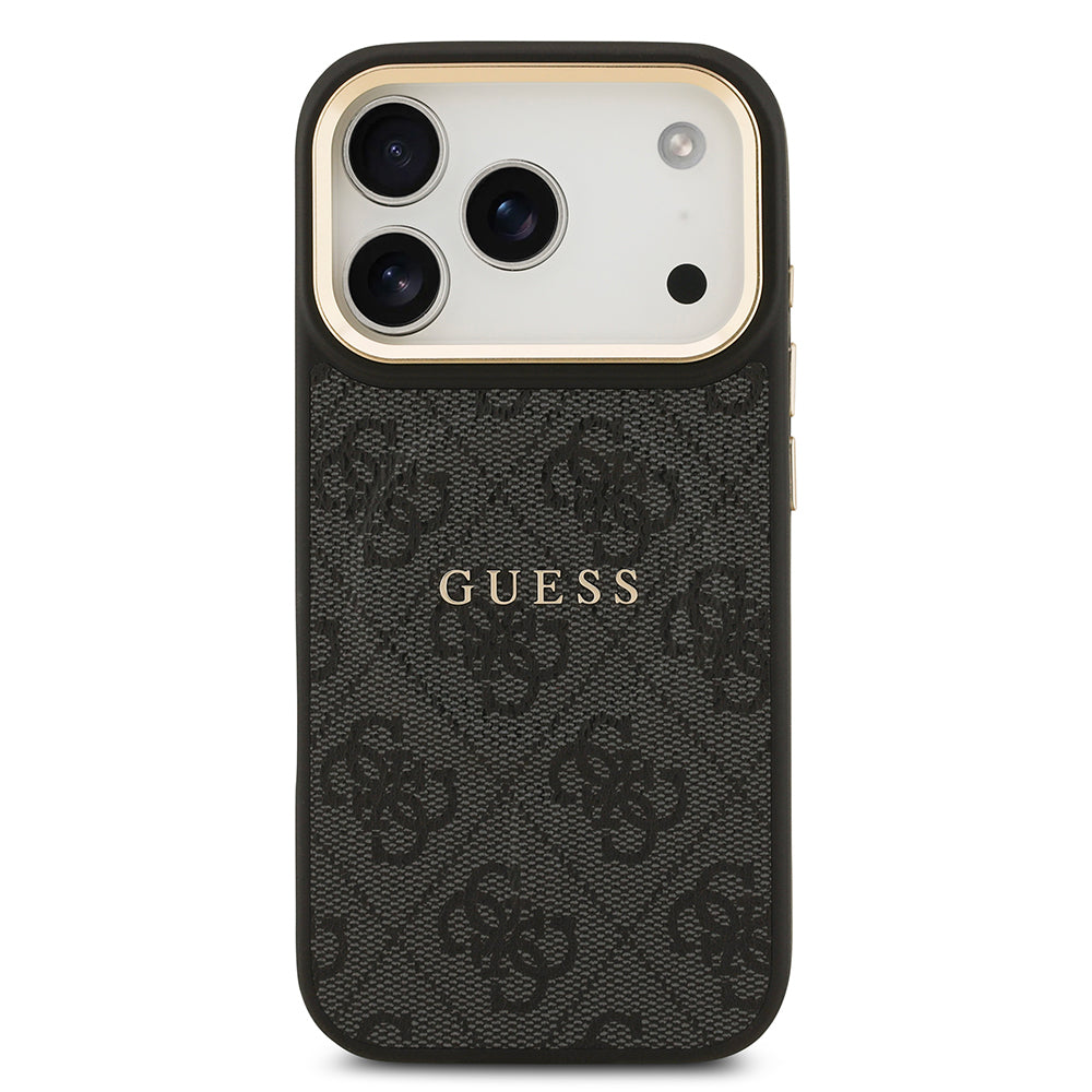 iPhone 17 Pro Kılıf Guess Orijinal Lisanslı M-safe Şarj Özellikli Gold Metal Kamera Çerçeveli PU Deri 4G Desenli Yazı Logolu Kılıf