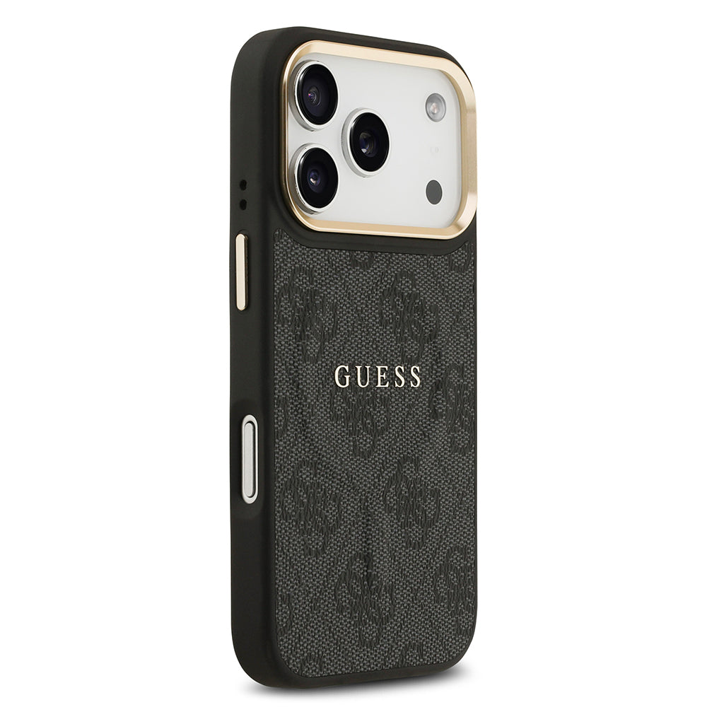 iPhone 17 Pro Kılıf Guess Orijinal Lisanslı M-safe Şarj Özellikli Gold Metal Kamera Çerçeveli PU Deri 4G Desenli Yazı Logolu Kılıf