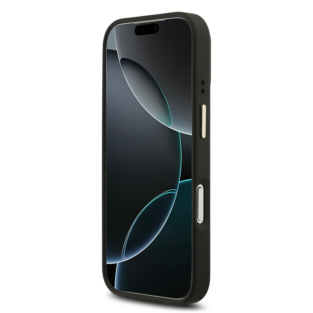 iPhone 17 Pro Kılıf Guess Orijinal Lisanslı M-safe Şarj Özellikli Gold Metal Kamera Çerçeveli PU Deri 4G Desenli Yazı Logolu Kılıf