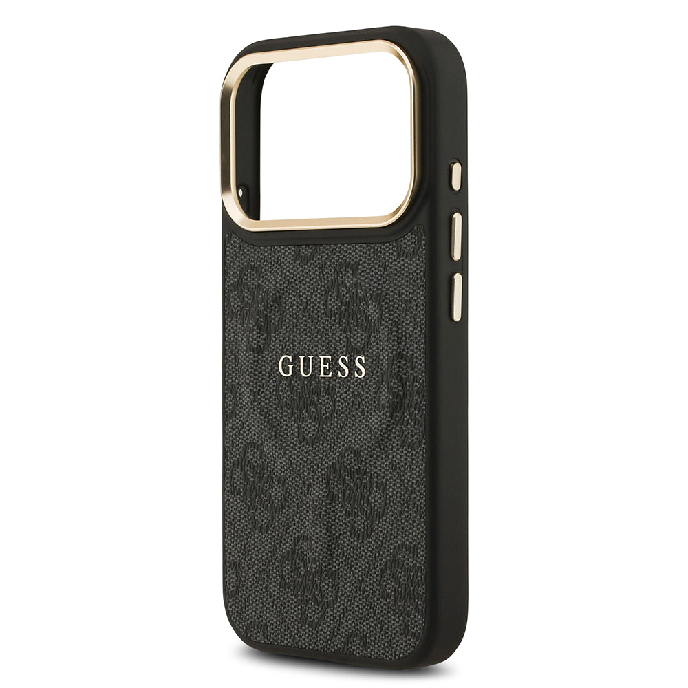 iPhone 17 Pro Kılıf Guess Orijinal Lisanslı M-safe Şarj Özellikli Gold Metal Kamera Çerçeveli PU Deri 4G Desenli Yazı Logolu Kılıf