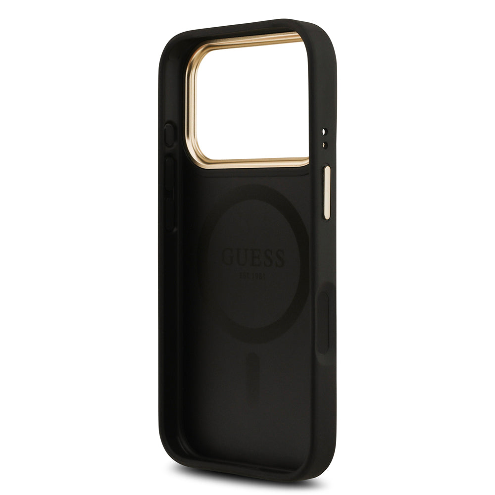 iPhone 17 Pro Kılıf Guess Orijinal Lisanslı M-safe Şarj Özellikli Gold Metal Kamera Çerçeveli PU Deri 4G Desenli Yazı Logolu Kılıf