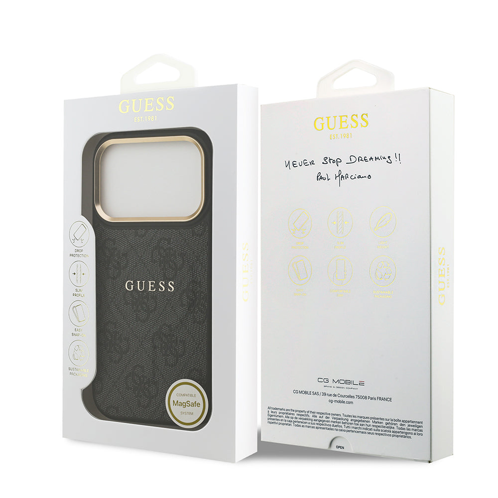 iPhone 17 Pro Kılıf Guess Orijinal Lisanslı M-safe Şarj Özellikli Gold Metal Kamera Çerçeveli PU Deri 4G Desenli Yazı Logolu Kılıf
