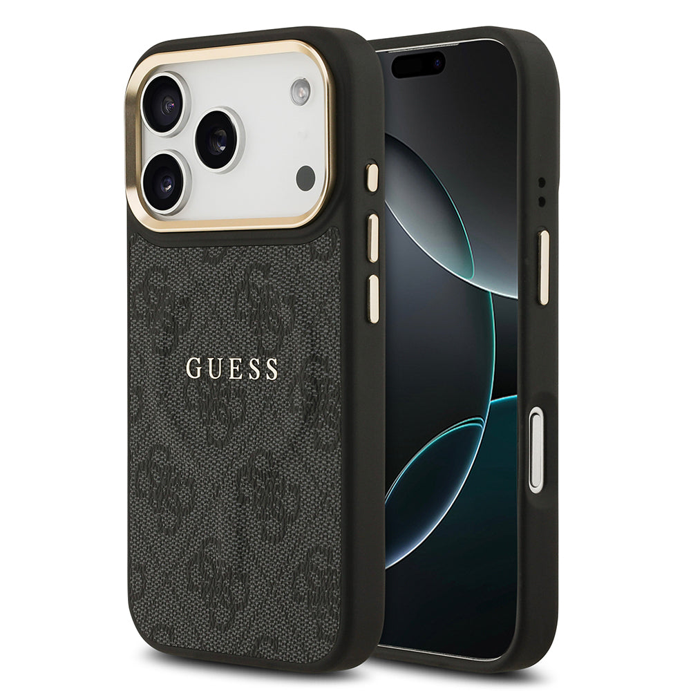 iPhone 17 Pro Kılıf Guess Orijinal Lisanslı M-safe Şarj Özellikli Gold Metal Kamera Çerçeveli PU Deri 4G Desenli Yazı Logolu Kılıf