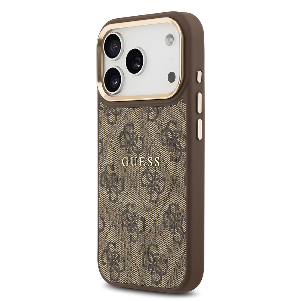 iPhone 17 Pro Kılıf Guess Orijinal Lisanslı M-safe Şarj Özellikli Gold Metal Kamera Çerçeveli PU Deri 4G Desenli Yazı Logolu Kılıf