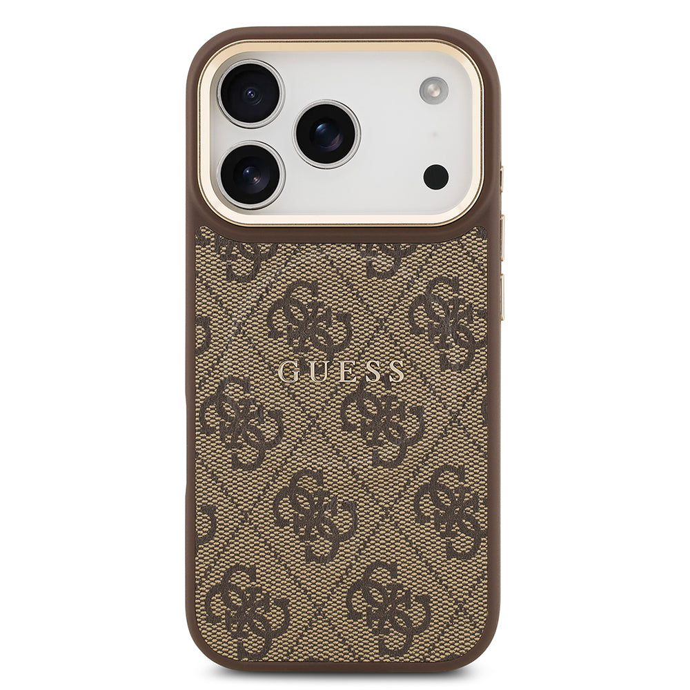 iPhone 17 Pro Kılıf Guess Orijinal Lisanslı M-safe Şarj Özellikli Gold Metal Kamera Çerçeveli PU Deri 4G Desenli Yazı Logolu Kılıf