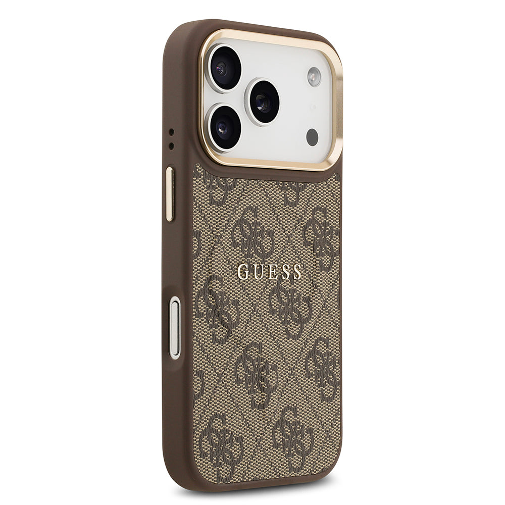 iPhone 17 Pro Kılıf Guess Orijinal Lisanslı M-safe Şarj Özellikli Gold Metal Kamera Çerçeveli PU Deri 4G Desenli Yazı Logolu Kılıf