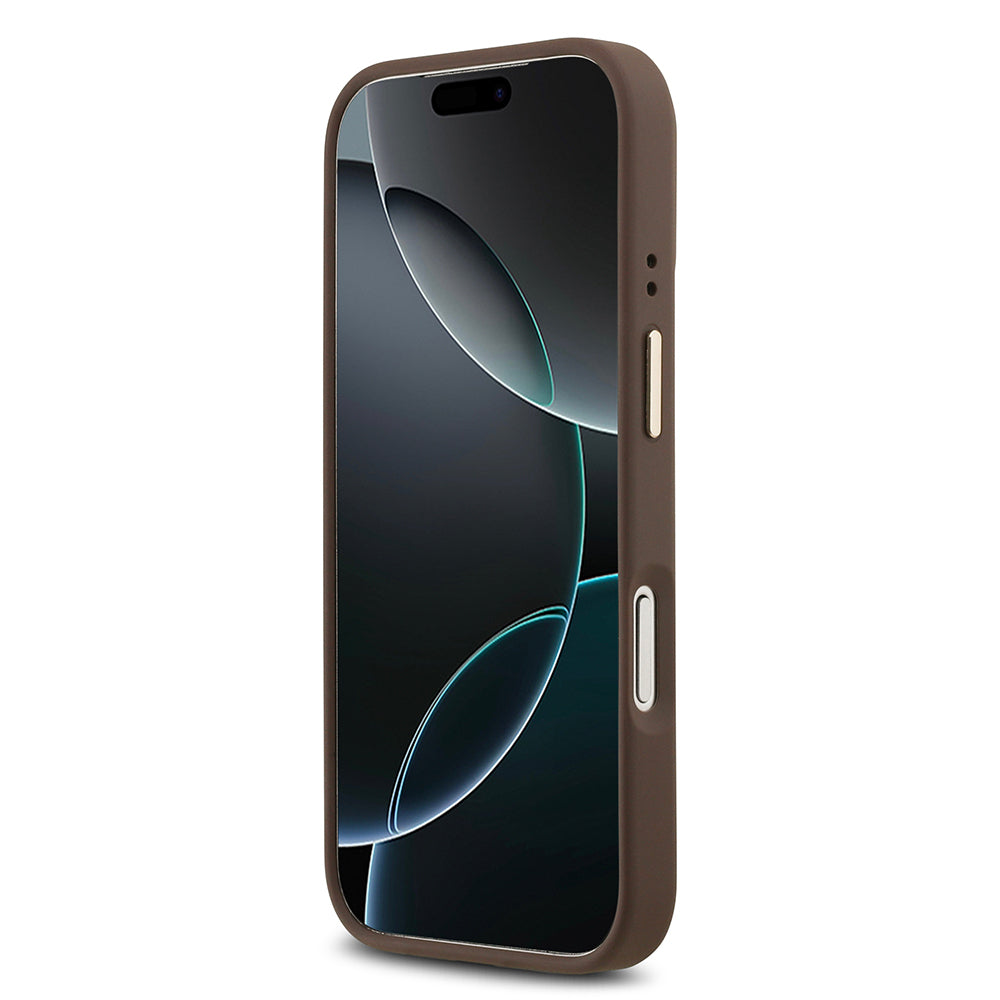 iPhone 17 Pro Kılıf Guess Orijinal Lisanslı M-safe Şarj Özellikli Gold Metal Kamera Çerçeveli PU Deri 4G Desenli Yazı Logolu Kılıf