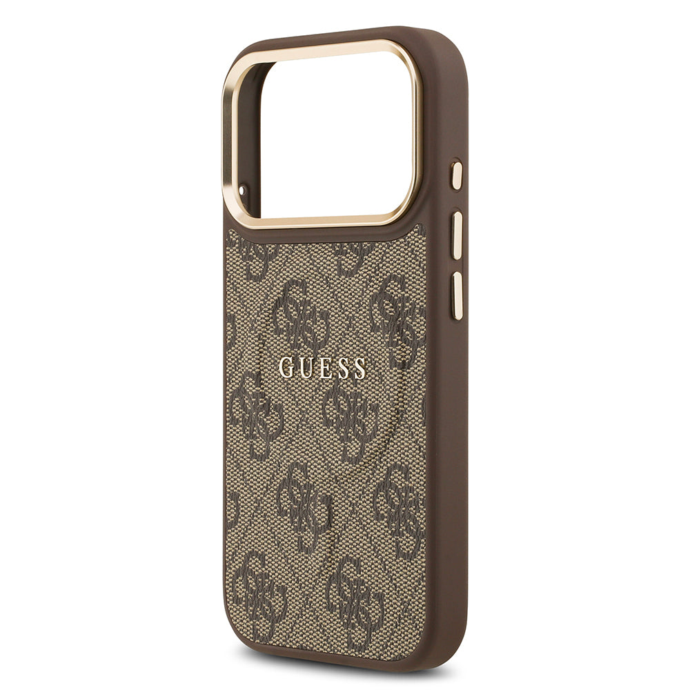 iPhone 17 Pro Kılıf Guess Orijinal Lisanslı M-safe Şarj Özellikli Gold Metal Kamera Çerçeveli PU Deri 4G Desenli Yazı Logolu Kılıf