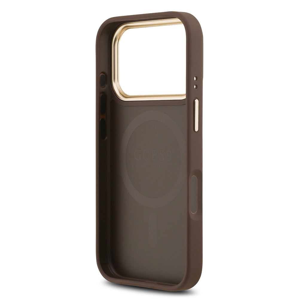iPhone 17 Pro Kılıf Guess Orijinal Lisanslı M-safe Şarj Özellikli Gold Metal Kamera Çerçeveli PU Deri 4G Desenli Yazı Logolu Kılıf