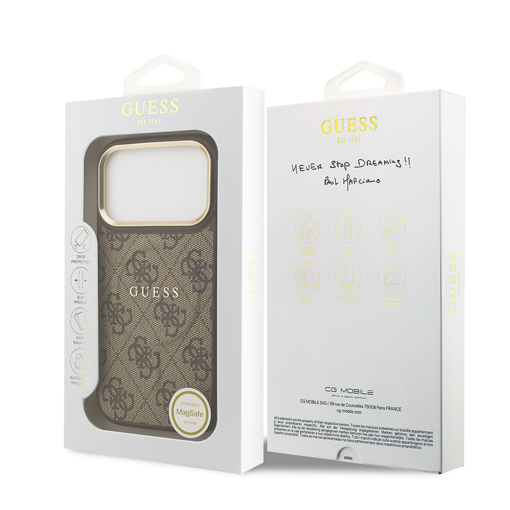 iPhone 17 Pro Kılıf Guess Orijinal Lisanslı M-safe Şarj Özellikli Gold Metal Kamera Çerçeveli PU Deri 4G Desenli Yazı Logolu Kılıf