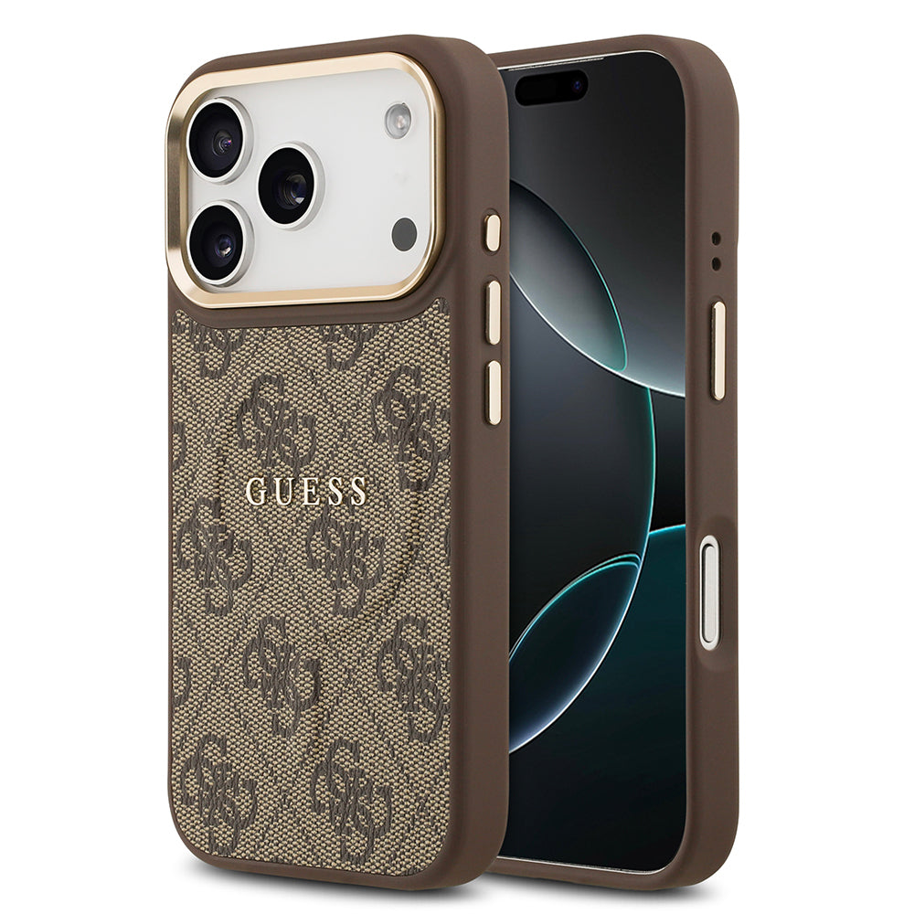 iPhone 17 Pro Kılıf Guess Orijinal Lisanslı M-safe Şarj Özellikli Gold Metal Kamera Çerçeveli PU Deri 4G Desenli Yazı Logolu Kılıf