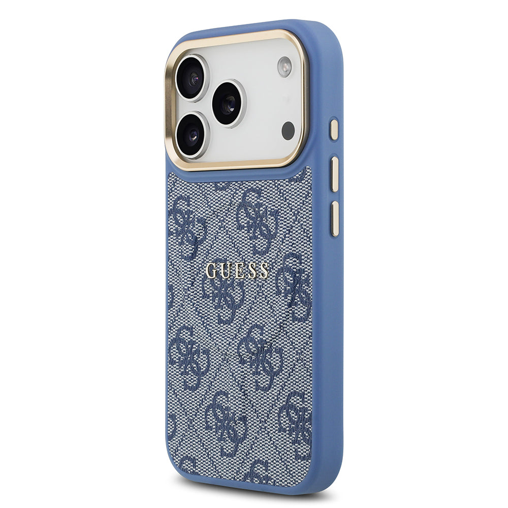 iPhone 17 Pro Kılıf Guess Orijinal Lisanslı M-safe Şarj Özellikli Gold Metal Kamera Çerçeveli PU Deri 4G Desenli Yazı Logolu Kılıf