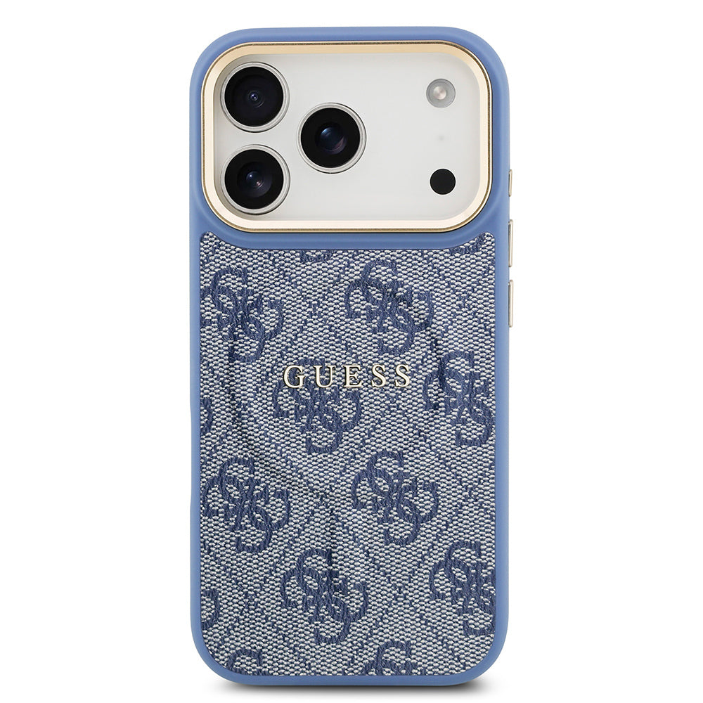 iPhone 17 Pro Kılıf Guess Orijinal Lisanslı M-safe Şarj Özellikli Gold Metal Kamera Çerçeveli PU Deri 4G Desenli Yazı Logolu Kılıf