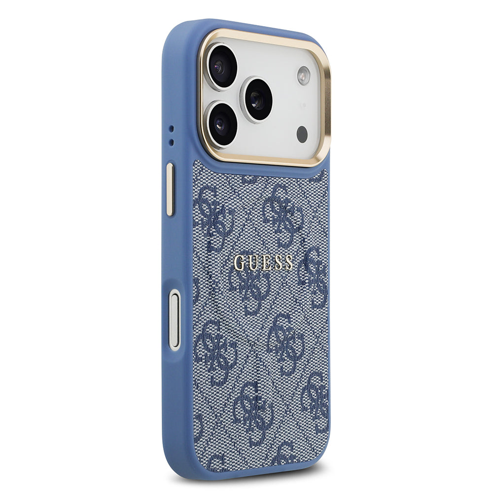 iPhone 17 Pro Kılıf Guess Orijinal Lisanslı M-safe Şarj Özellikli Gold Metal Kamera Çerçeveli PU Deri 4G Desenli Yazı Logolu Kılıf