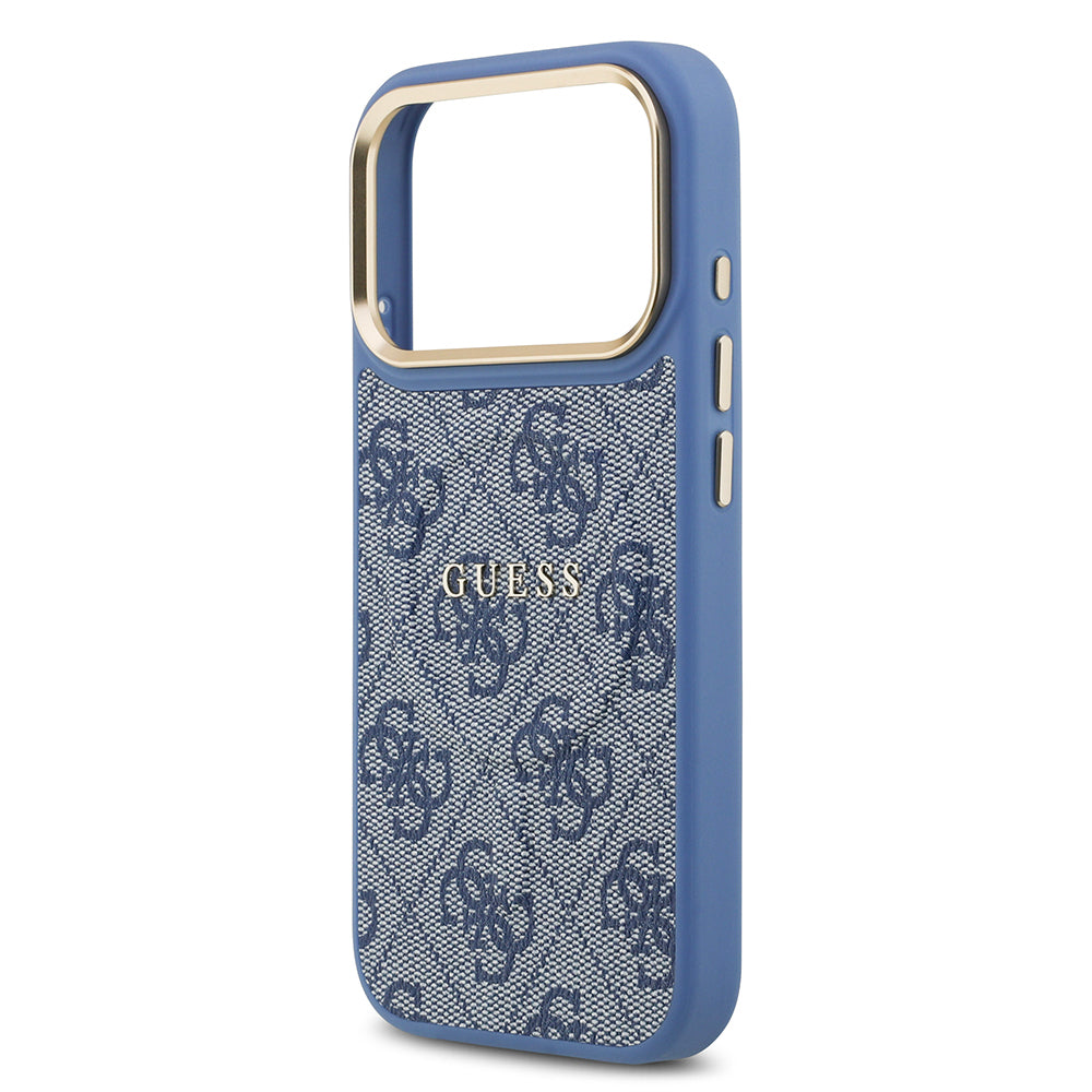 iPhone 17 Pro Kılıf Guess Orijinal Lisanslı M-safe Şarj Özellikli Gold Metal Kamera Çerçeveli PU Deri 4G Desenli Yazı Logolu Kılıf