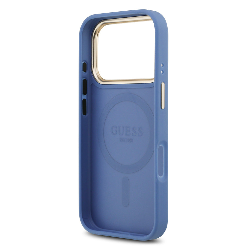 iPhone 17 Pro Kılıf Guess Orijinal Lisanslı M-safe Şarj Özellikli Gold Metal Kamera Çerçeveli PU Deri 4G Desenli Yazı Logolu Kılıf
