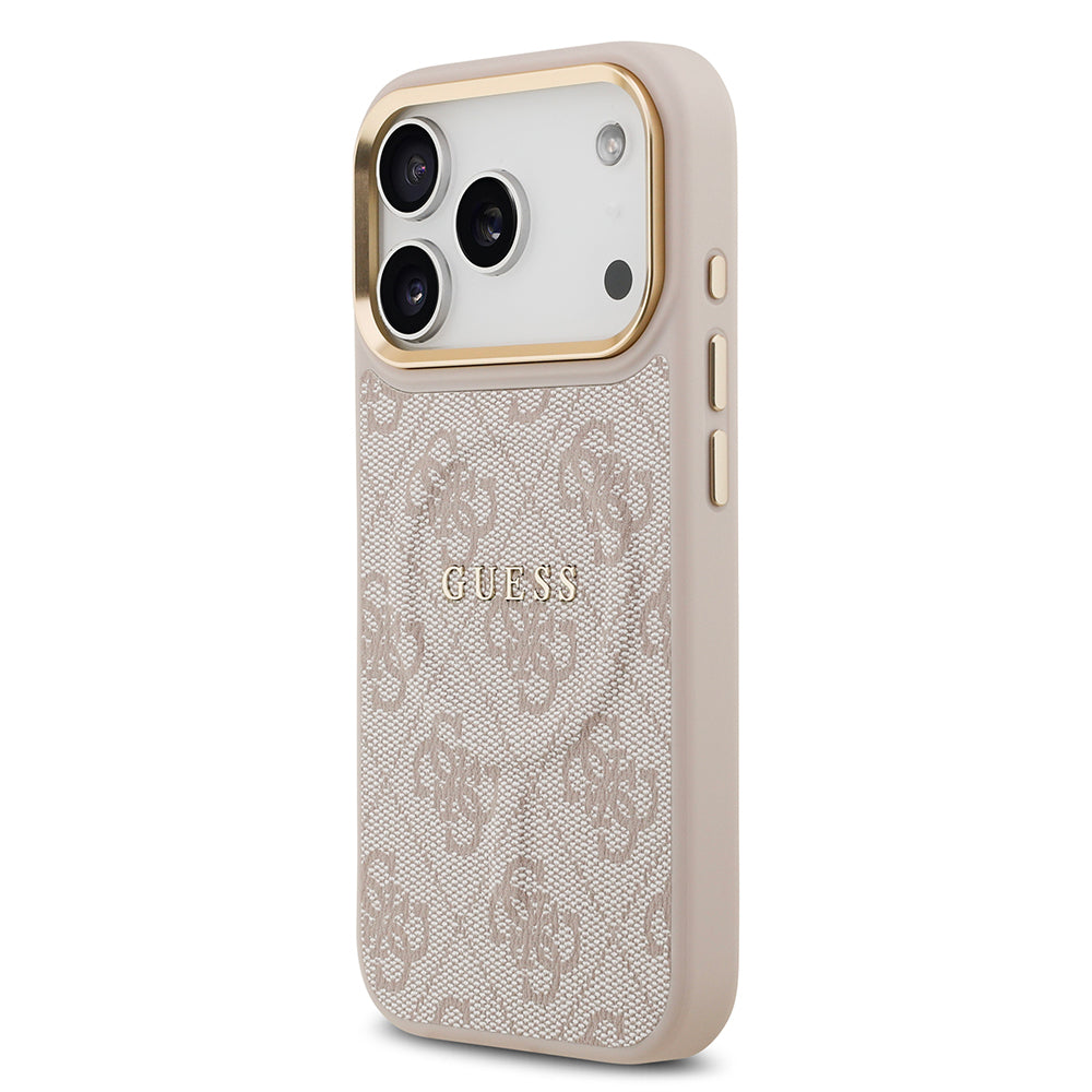 iPhone 17 Pro Kılıf Guess Orijinal Lisanslı M-safe Şarj Özellikli Gold Metal Kamera Çerçeveli PU Deri 4G Desenli Yazı Logolu Kılıf