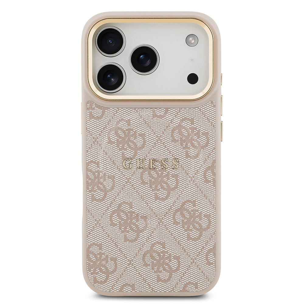 iPhone 17 Pro Kılıf Guess Orijinal Lisanslı M-safe Şarj Özellikli Gold Metal Kamera Çerçeveli PU Deri 4G Desenli Yazı Logolu Kılıf