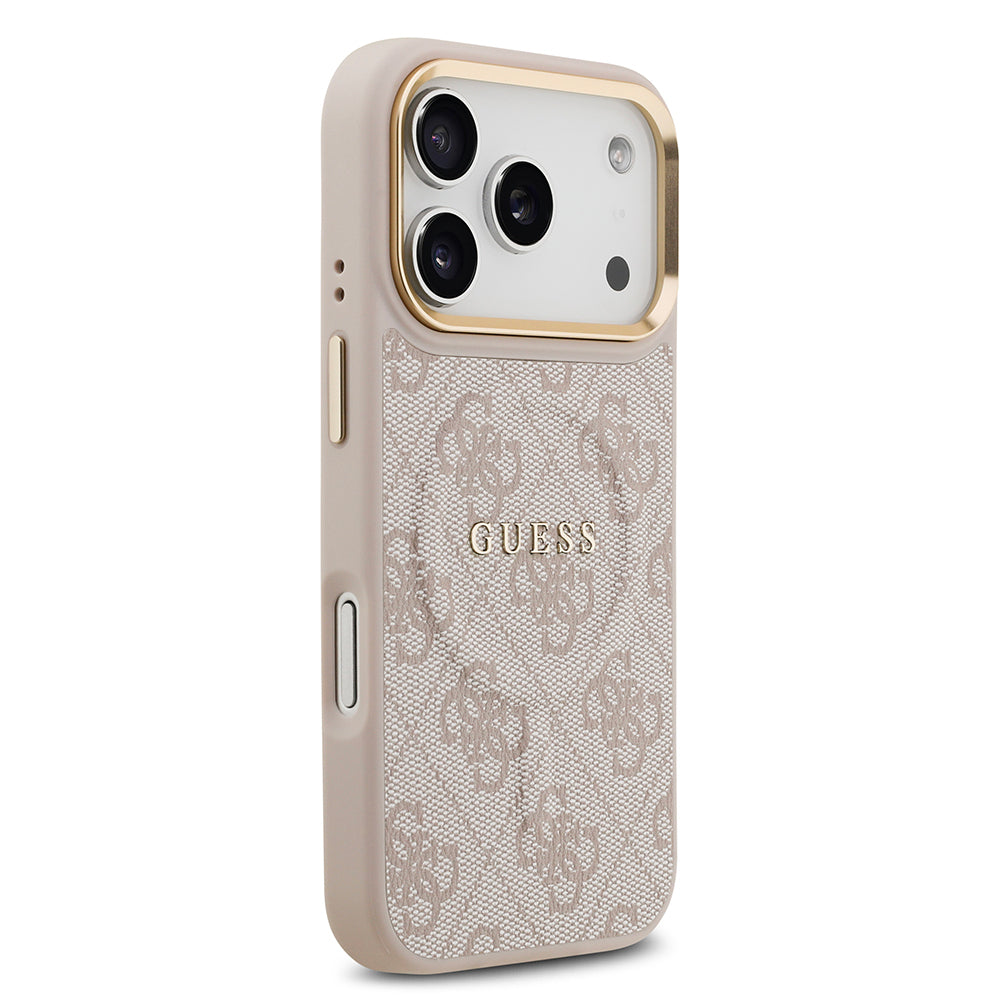 iPhone 17 Pro Kılıf Guess Orijinal Lisanslı M-safe Şarj Özellikli Gold Metal Kamera Çerçeveli PU Deri 4G Desenli Yazı Logolu Kılıf