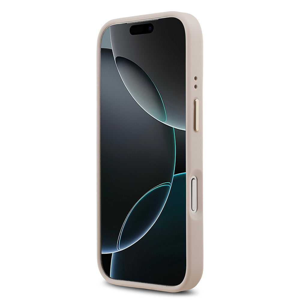 iPhone 17 Pro Kılıf Guess Orijinal Lisanslı M-safe Şarj Özellikli Gold Metal Kamera Çerçeveli PU Deri 4G Desenli Yazı Logolu Kılıf