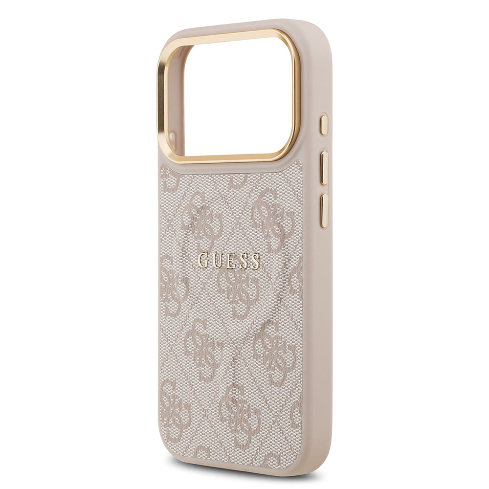 iPhone 17 Pro Kılıf Guess Orijinal Lisanslı M-safe Şarj Özellikli Gold Metal Kamera Çerçeveli PU Deri 4G Desenli Yazı Logolu Kılıf