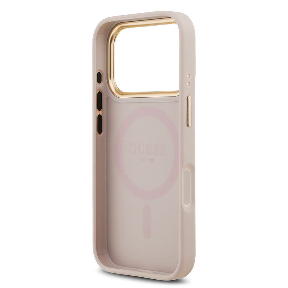 iPhone 17 Pro Kılıf Guess Orijinal Lisanslı M-safe Şarj Özellikli Gold Metal Kamera Çerçeveli PU Deri 4G Desenli Yazı Logolu Kılıf