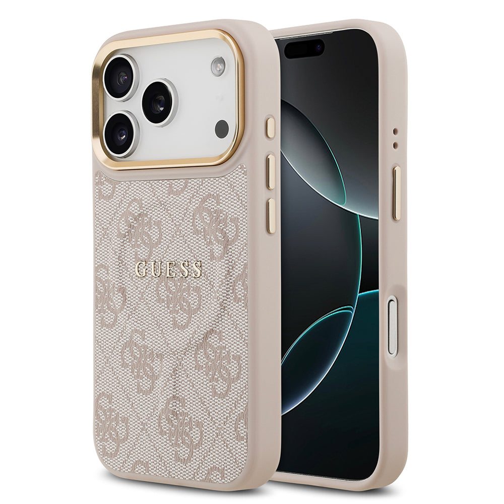 iPhone 17 Pro Kılıf Guess Orijinal Lisanslı M-safe Şarj Özellikli Gold Metal Kamera Çerçeveli PU Deri 4G Desenli Yazı Logolu Kılıf