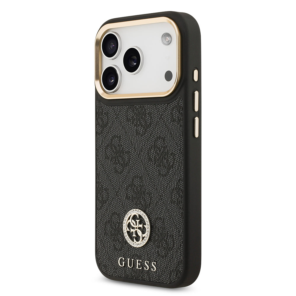 iPhone 17 Pro Kılıf Guess Orijinal Lisanslı M-safe Şarj Özellikli Gold Metal Kamera Çerçeveli Taşlı 4G Logolu Kılıf