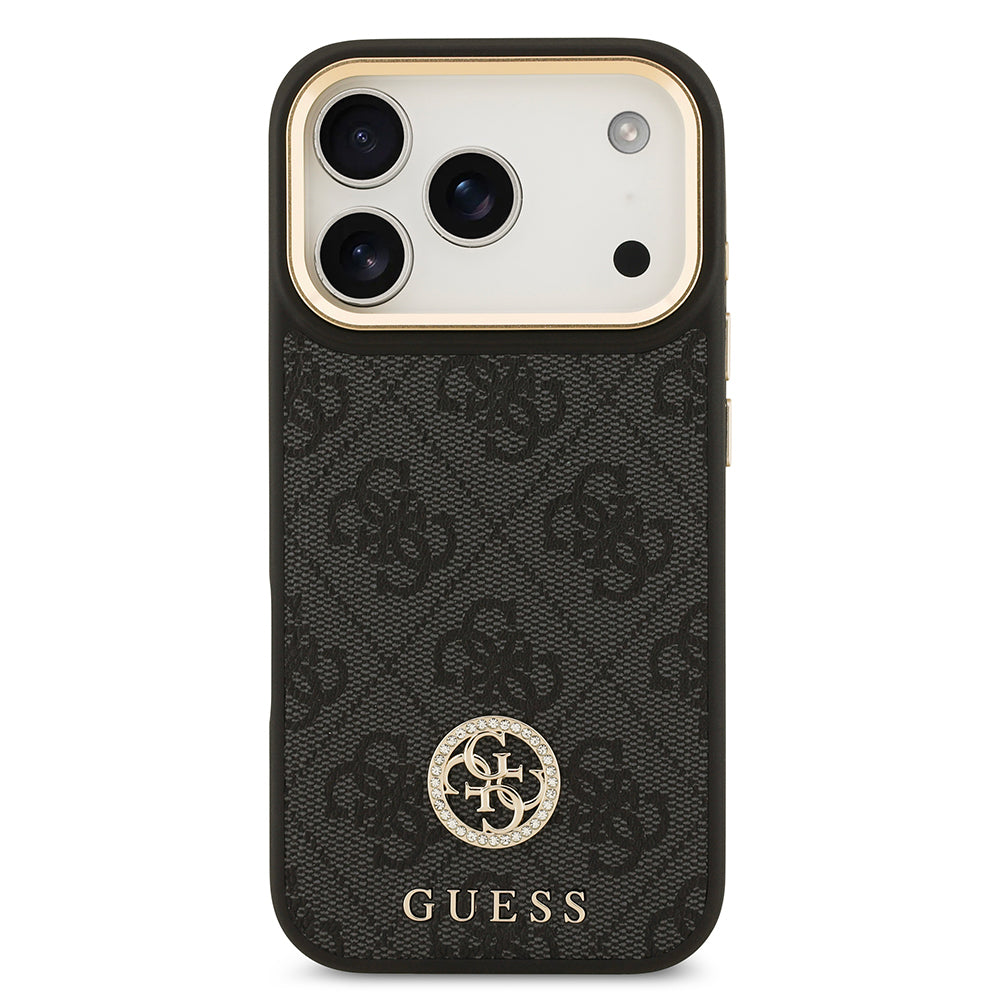 iPhone 17 Pro Kılıf Guess Orijinal Lisanslı M-safe Şarj Özellikli Gold Metal Kamera Çerçeveli Taşlı 4G Logolu Kılıf