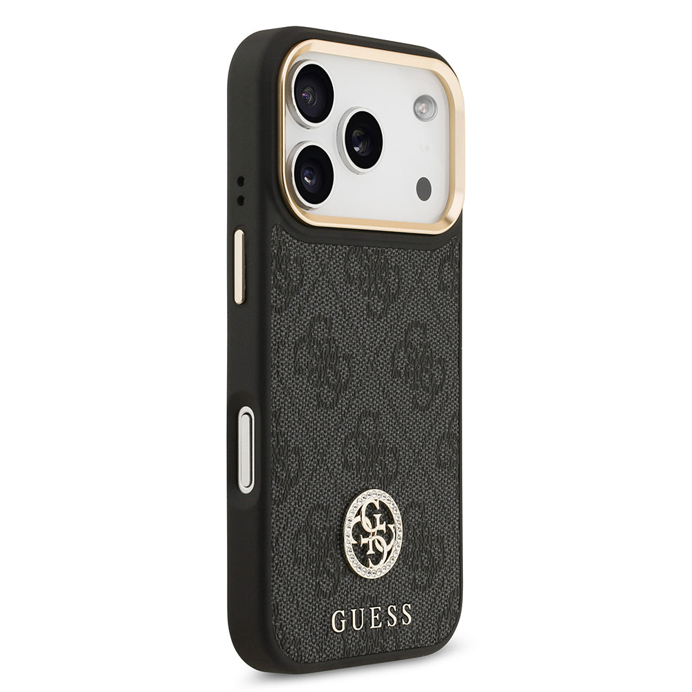 iPhone 17 Pro Kılıf Guess Orijinal Lisanslı M-safe Şarj Özellikli Gold Metal Kamera Çerçeveli Taşlı 4G Logolu Kılıf