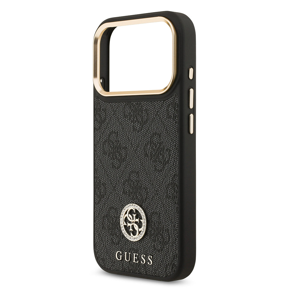 iPhone 17 Pro Kılıf Guess Orijinal Lisanslı M-safe Şarj Özellikli Gold Metal Kamera Çerçeveli Taşlı 4G Logolu Kılıf