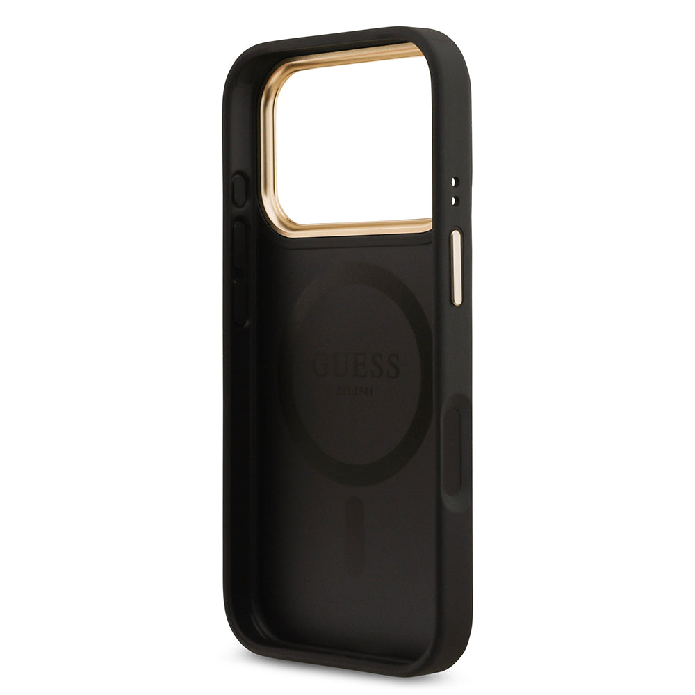 iPhone 17 Pro Kılıf Guess Orijinal Lisanslı M-safe Şarj Özellikli Gold Metal Kamera Çerçeveli Taşlı 4G Logolu Kılıf